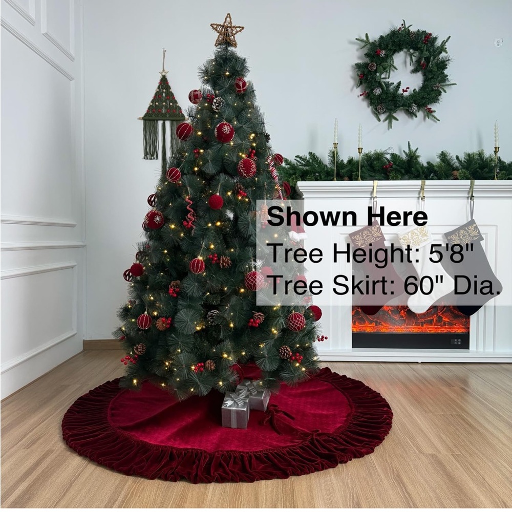 60-Inch Ruffled Velvet Christmas Tree Skirt Foam Padding Tie Closure Burgundy - Picture 2 of 9